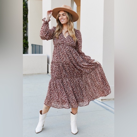 Mine and E&M Floral V-Neck Flounce Sleeve Dress Chestnut - Picture 5 of 7